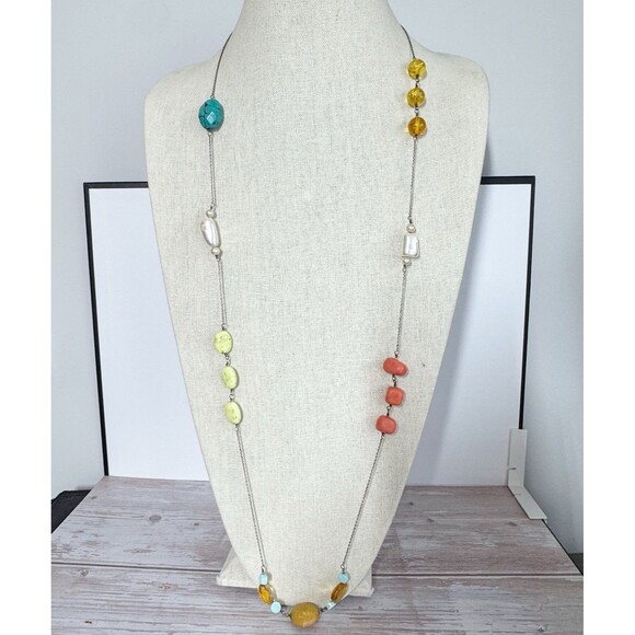 Sterling Silver Long Chain Necklace Stone Beads Bohemian Larimar Turquoise Pearl - Picture 1 of 8